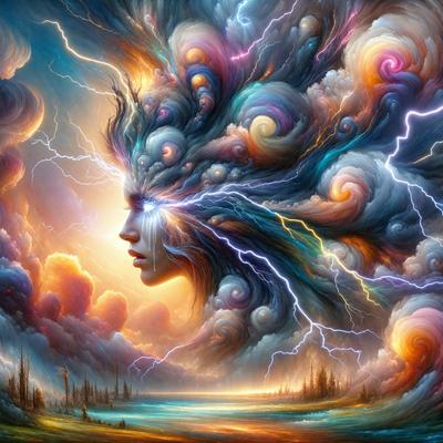 The primary subject of the image is a woman with a unique and artistic appearance. She has a head full of hair and is surrounded by a vibrant and colorful environment. The setting includes a beach, a forest, and a sky filled with clouds. The visual style of the image is a combination of digital art and illustration, creating a surreal and dreamlike atmosphere. The colors and mood of the image are predominantly warm and inviting, with a touch of whimsy and creativity.